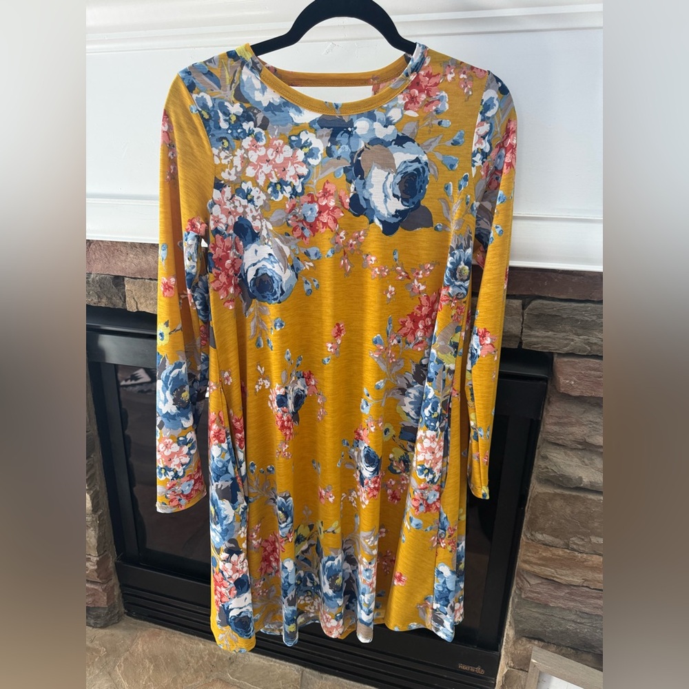 Mustard Floral Long Sleeve Tunic Dress